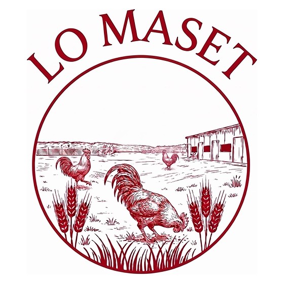 Emblema de Lo Maset: una gallina en llibertat sobre l'herba amb espigues